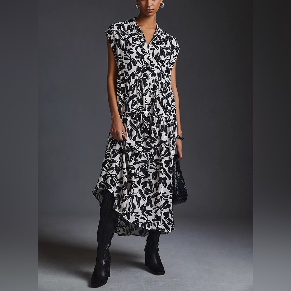 Anthropologie Black and White Tiered Shirt Dress